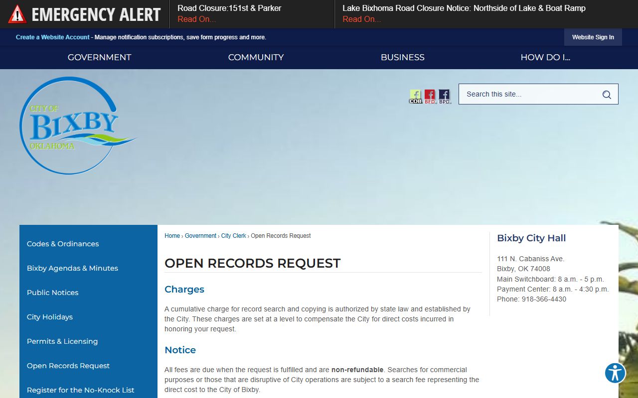 City of Bixby open records request page for criminal history