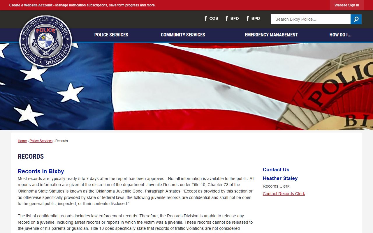 Bixby Police Department records page for criminal history requests