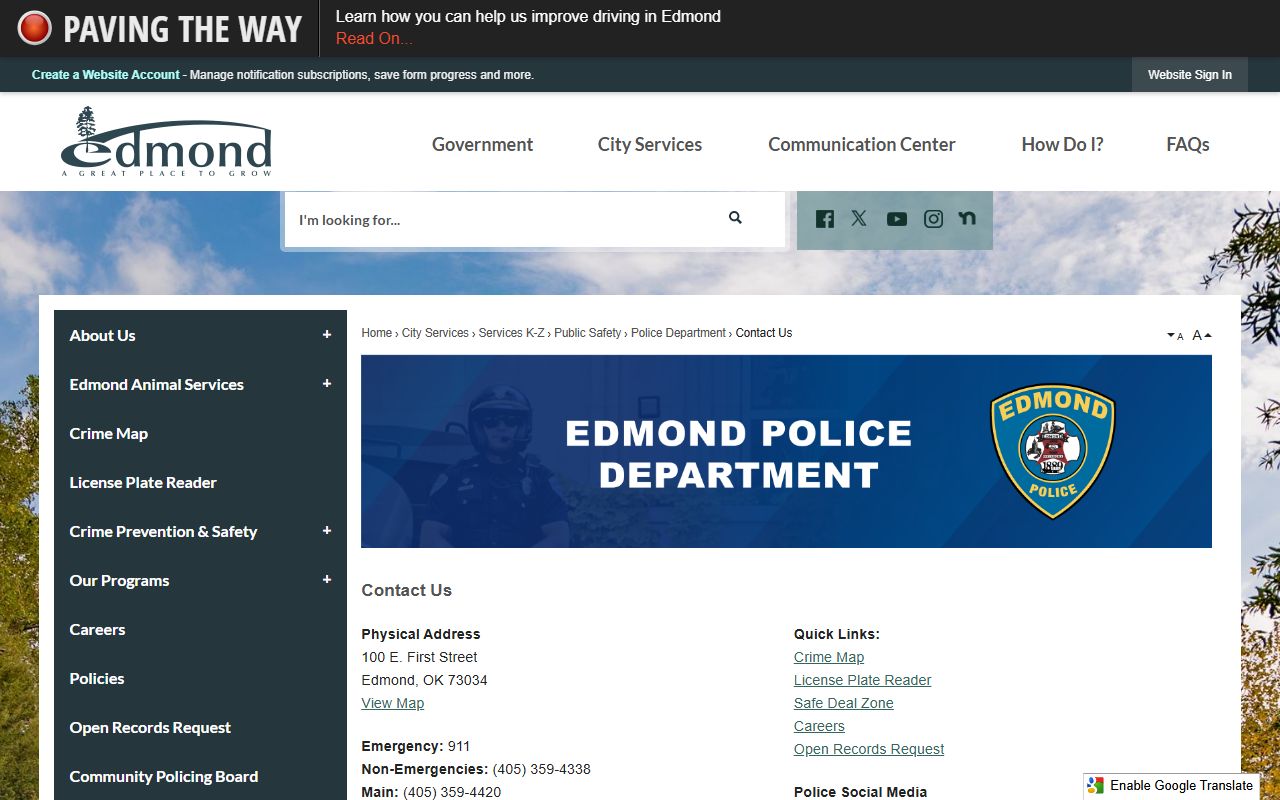 Edmond Police Department contact and records page for criminal history