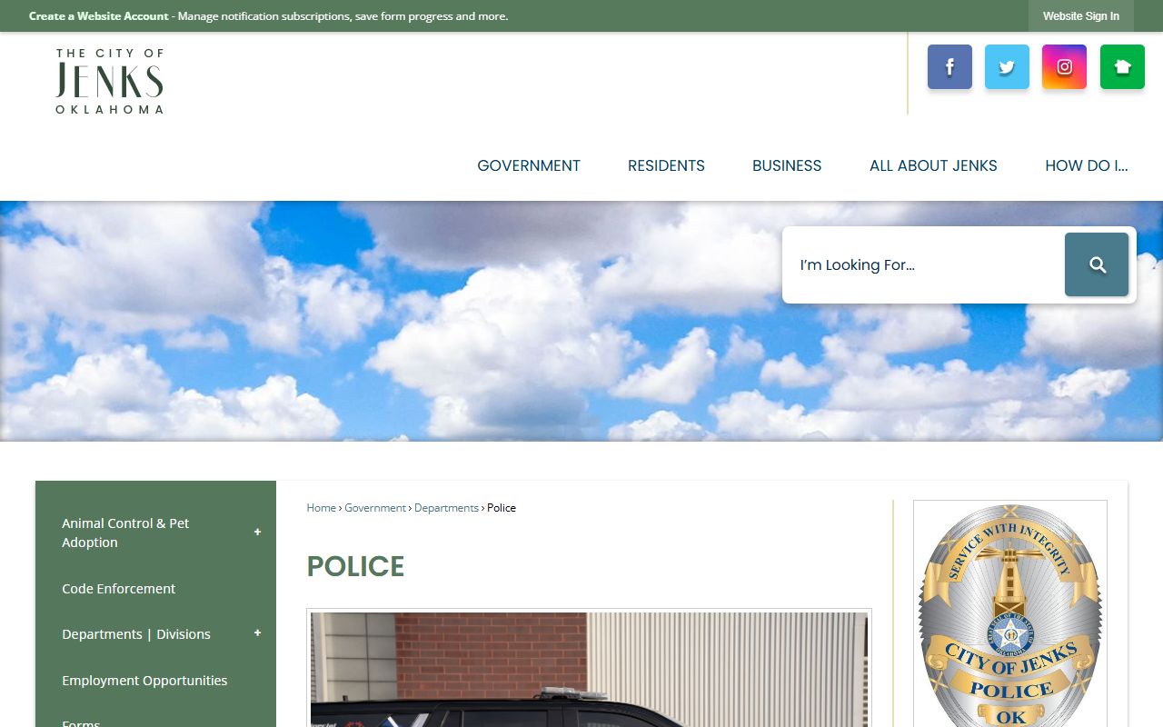Jenks Police Department website for criminal history record information