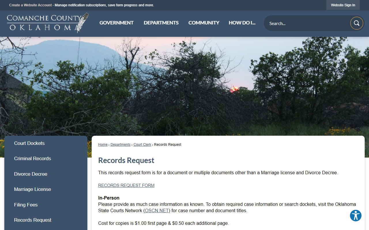 Comanche County records request page for Lawton criminal history