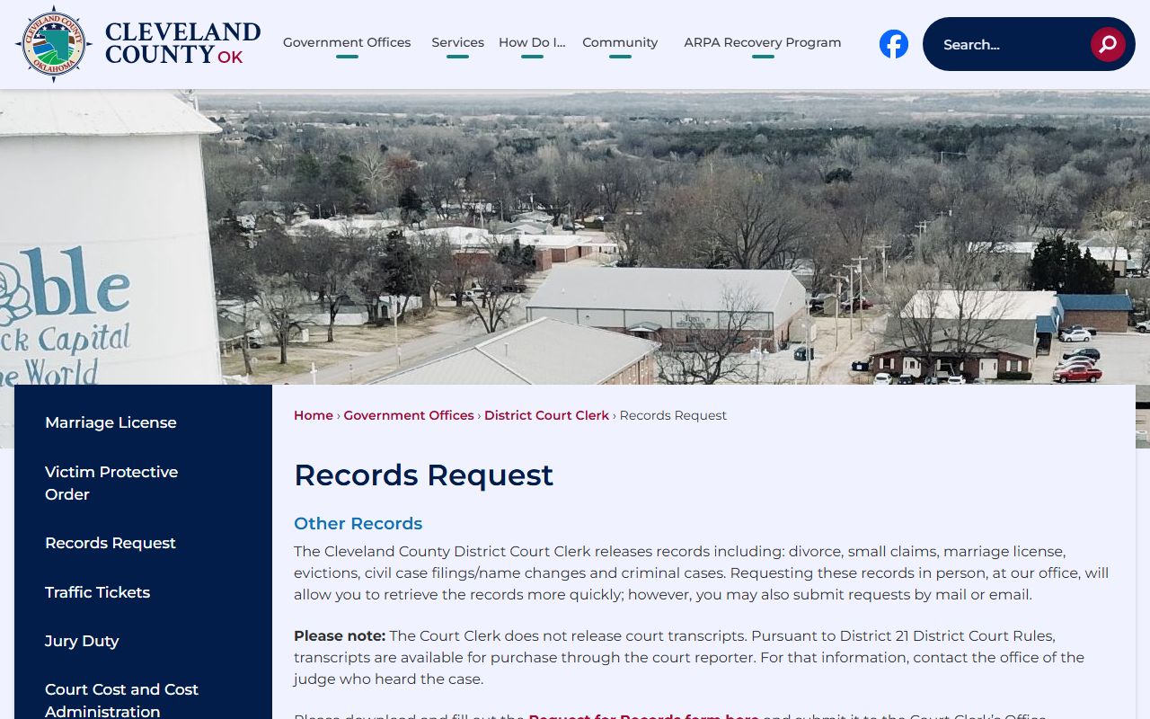 Cleveland County records request page for Moore criminal history