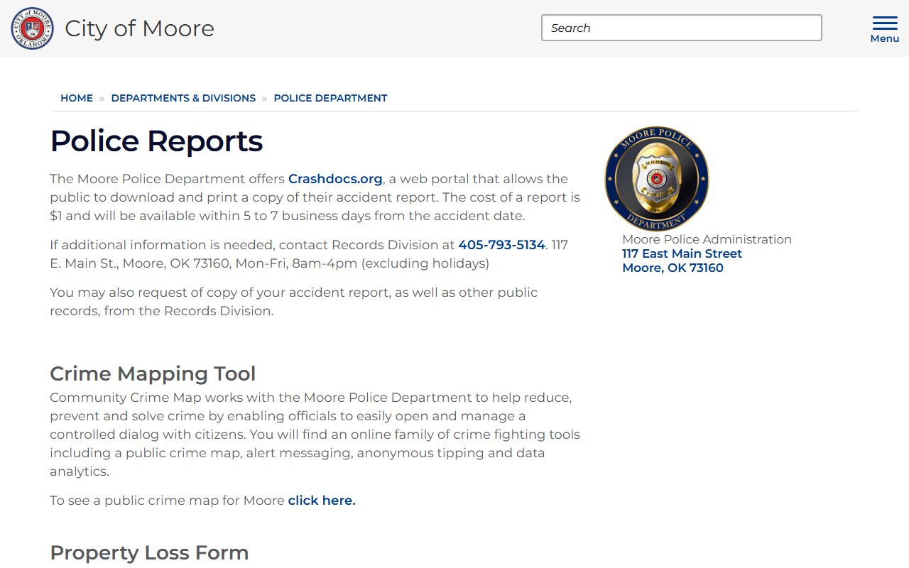 Moore Police Department reports page for criminal history records
