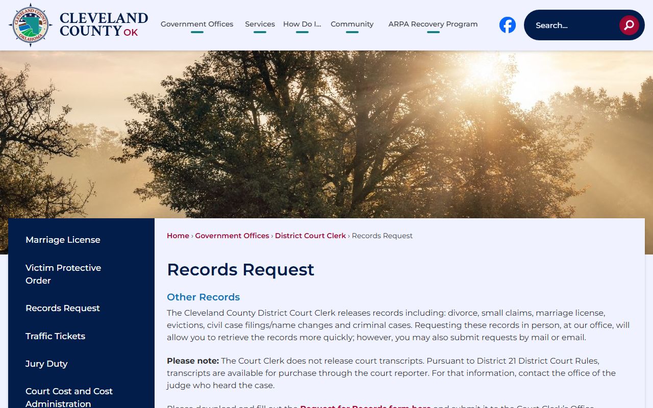 Cleveland County records request page for Norman criminal history