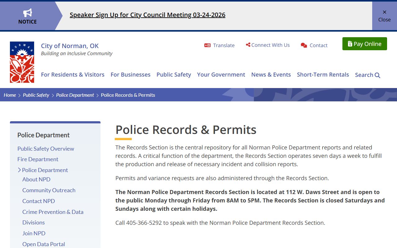Norman Police Department records and permits page for criminal history