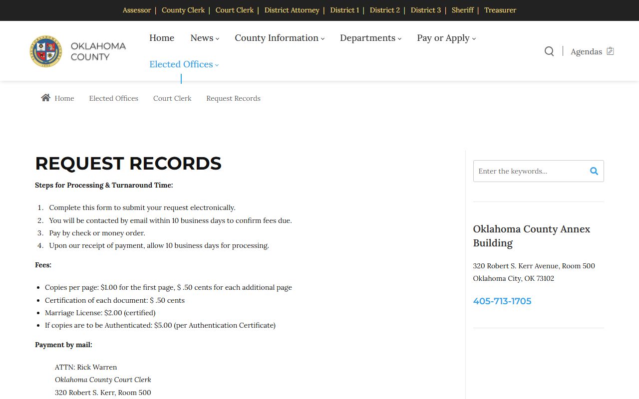 Oklahoma County Court Clerk records request page for Oklahoma City criminal history