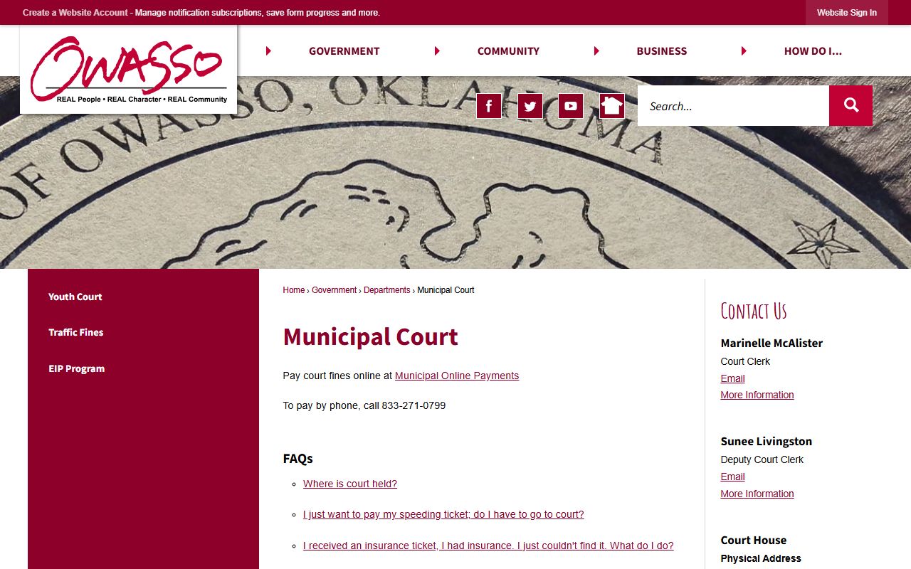 Owasso Municipal Court information page for criminal history and citation lookup