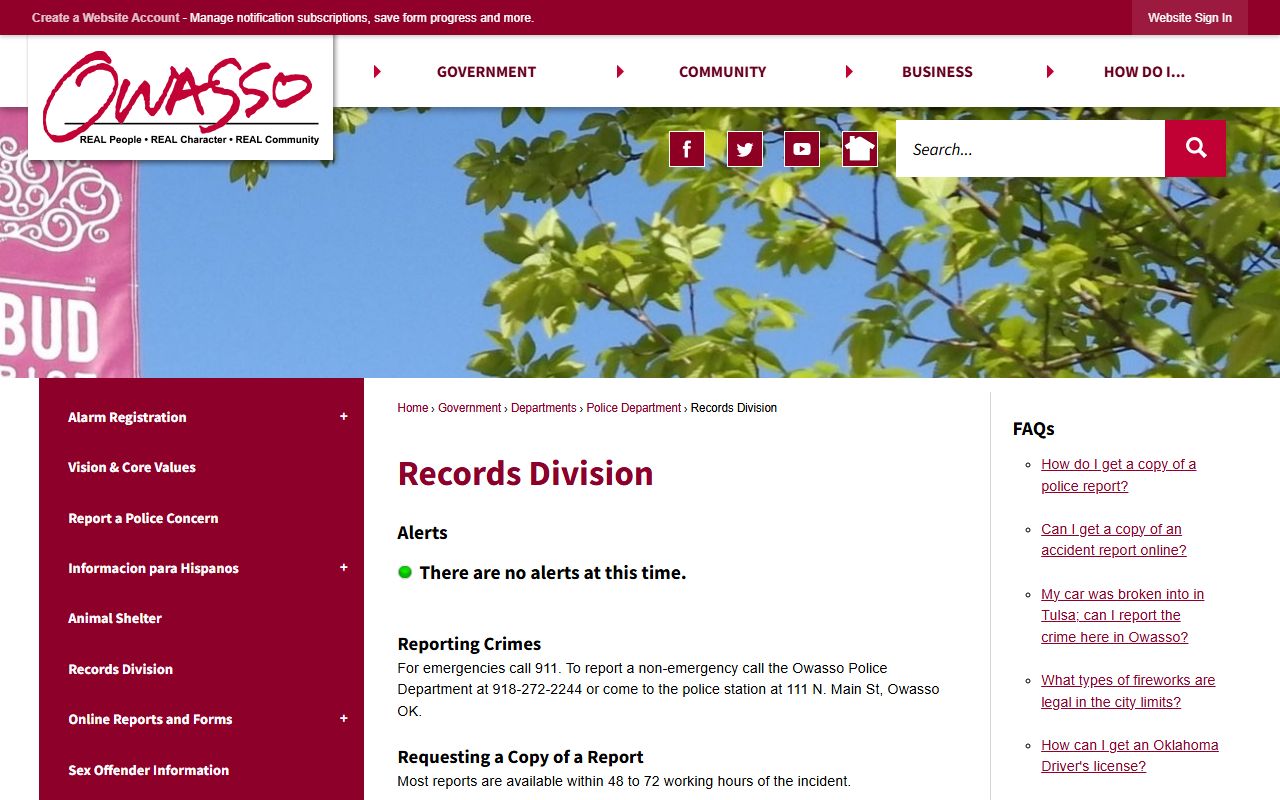 Owasso Police Department records division page for criminal history requests