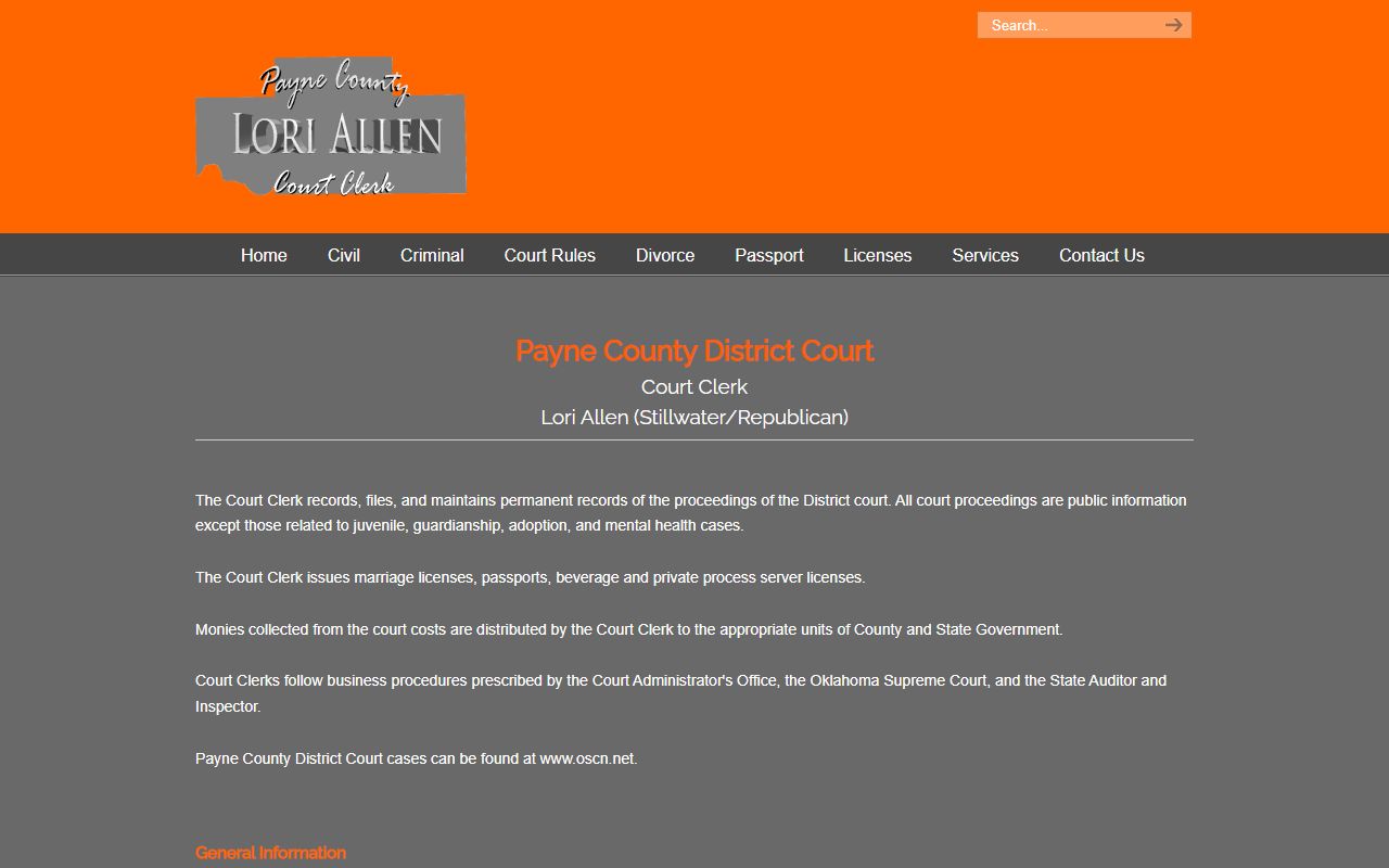 Payne County Court Clerk website for Stillwater criminal history court records