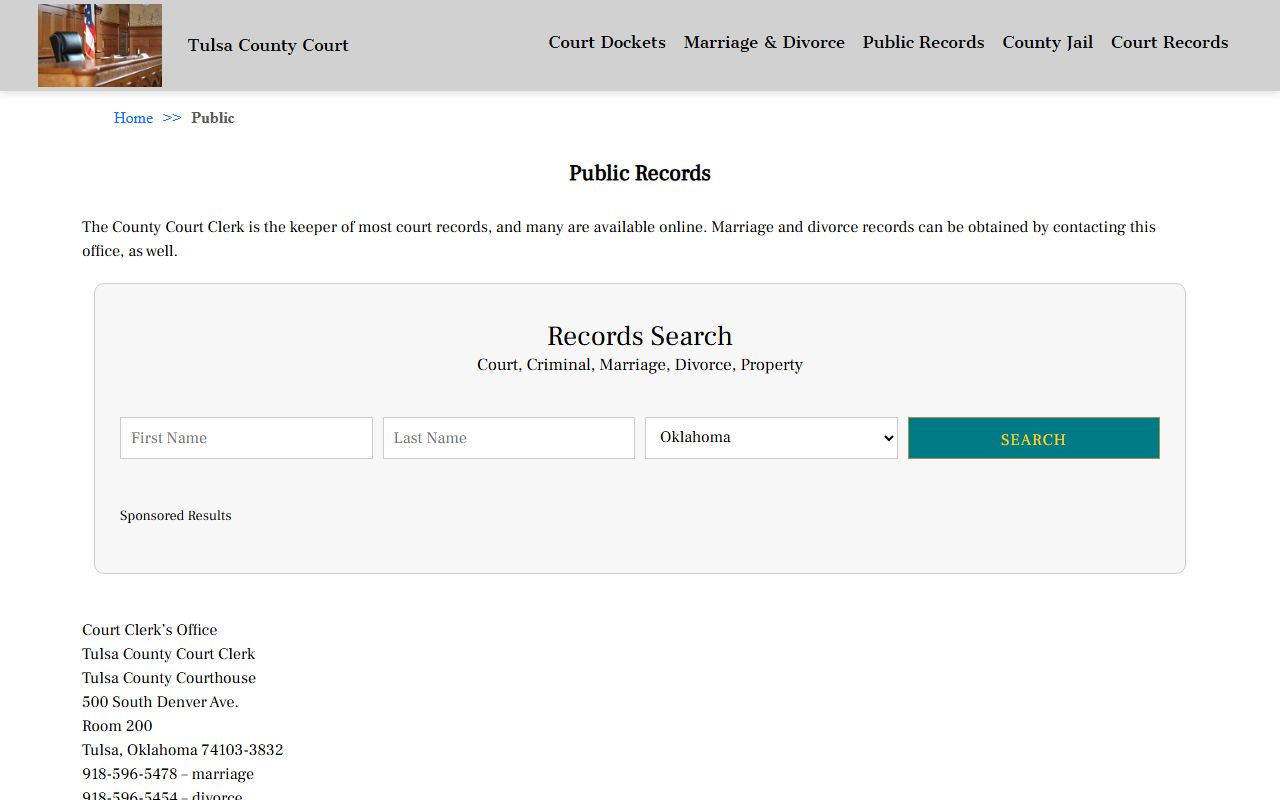 Tulsa County Court Clerk public records page for criminal history searches
