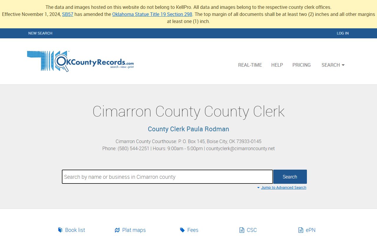 Cimarron County land records and criminal history search portal