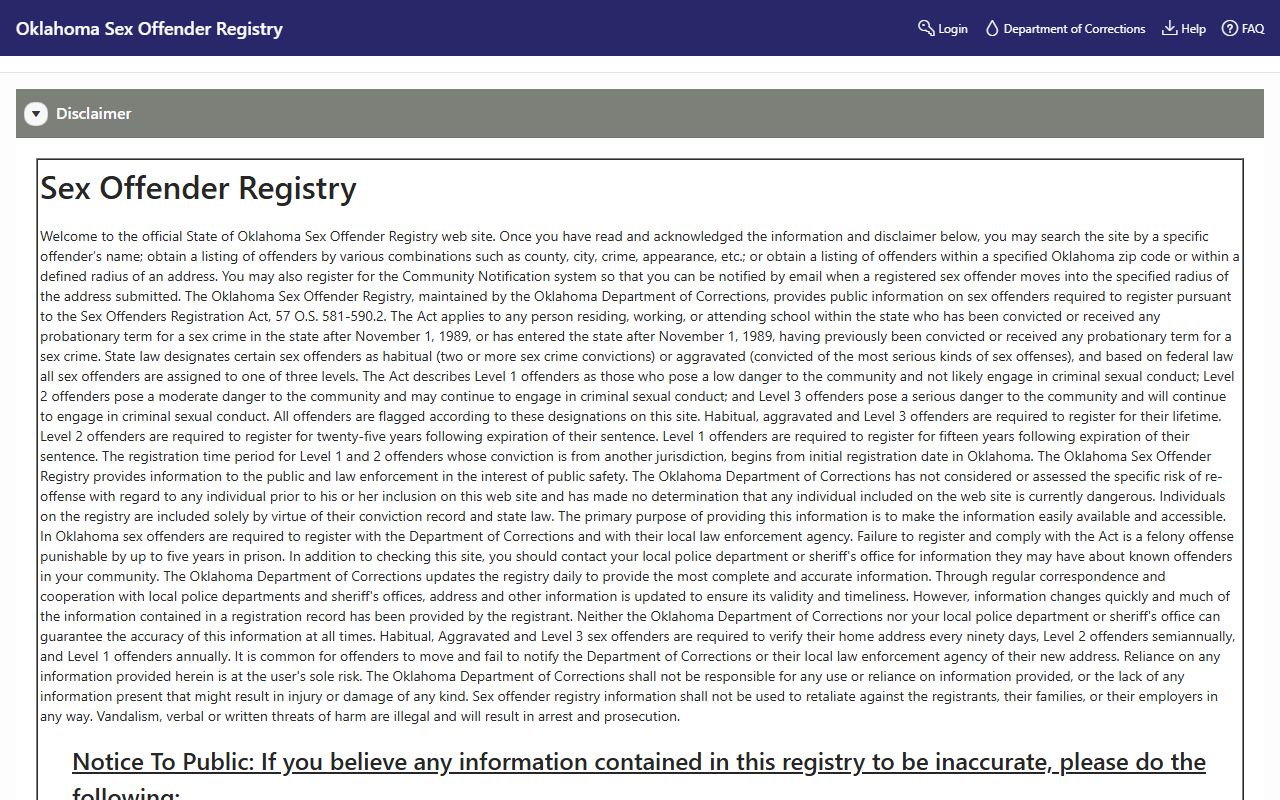 Oklahoma sex offender registry criminal history search