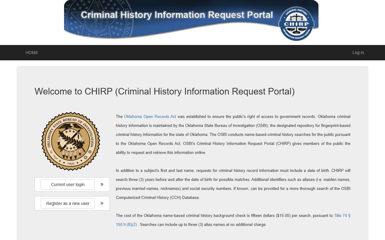 Oklahoma OSBI CHIRP criminal history search portal